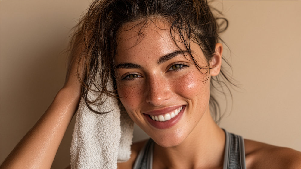 Smiling sweaty young woman holding towel after workout, close up